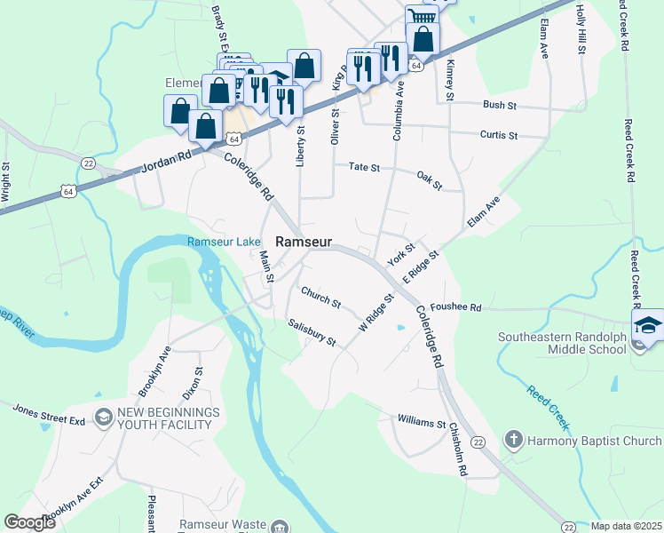 map of restaurants, bars, coffee shops, grocery stores, and more near 416 Coleridge Road in Ramseur