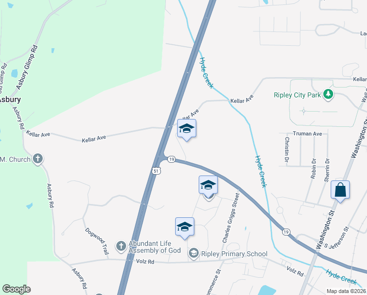 map of restaurants, bars, coffee shops, grocery stores, and more near 100 Tennessee 19 in Ripley