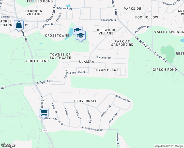 map of restaurants, bars, coffee shops, grocery stores, and more near 3617 Idlewood Village Drive in Raleigh