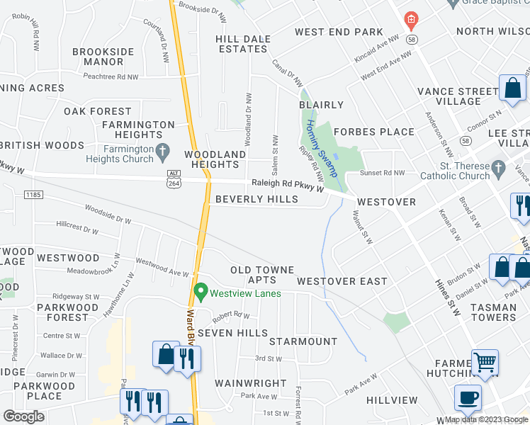 map of restaurants, bars, coffee shops, grocery stores, and more near 710 Trinity Drive West in Wilson