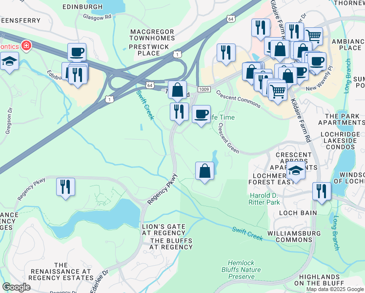 map of restaurants, bars, coffee shops, grocery stores, and more near 2900 Regency Parkway in Cary