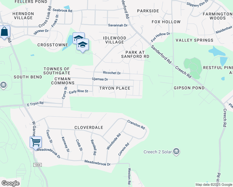 map of restaurants, bars, coffee shops, grocery stores, and more near 3705 Morman Springs Lane in Raleigh