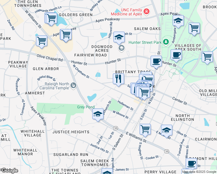 map of restaurants, bars, coffee shops, grocery stores, and more near West Chatham Street in Apex