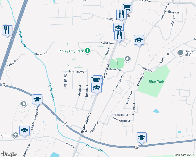 map of restaurants, bars, coffee shops, grocery stores, and more near 417 Washington Street in Ripley