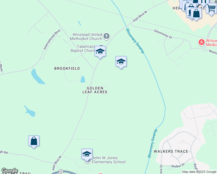 map of restaurants, bars, coffee shops, grocery stores, and more near Airport Boulevard in Wilson