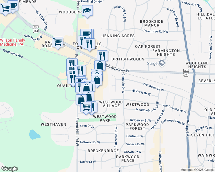 map of restaurants, bars, coffee shops, grocery stores, and more near 2209 Village Drive West in Wilson