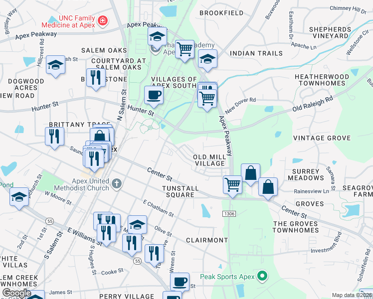 map of restaurants, bars, coffee shops, grocery stores, and more near 410 Sawcut Lane in Apex