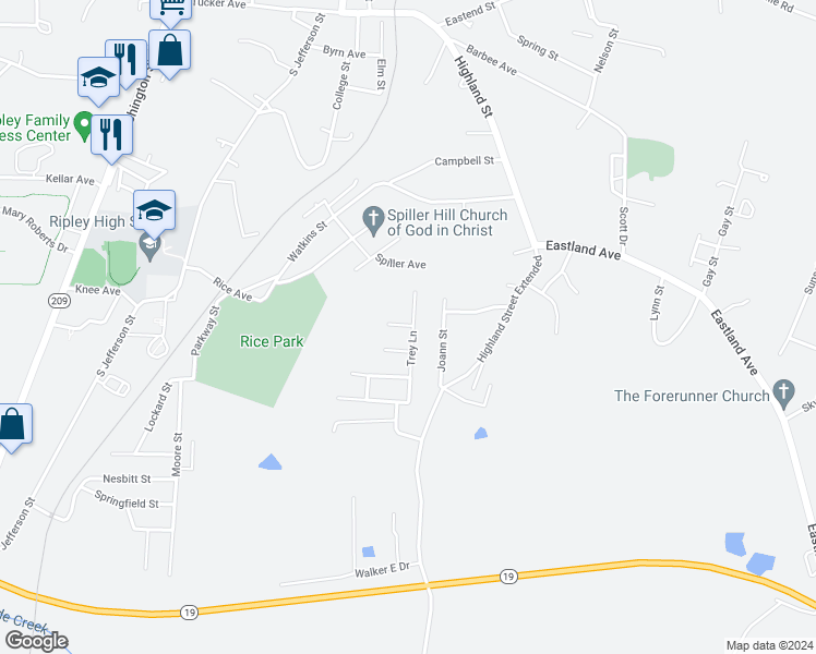 map of restaurants, bars, coffee shops, grocery stores, and more near 30 Thomas Cove in Ripley