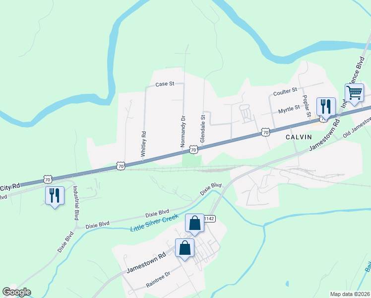 map of restaurants, bars, coffee shops, grocery stores, and more near 100 Normandy Drive in Morganton