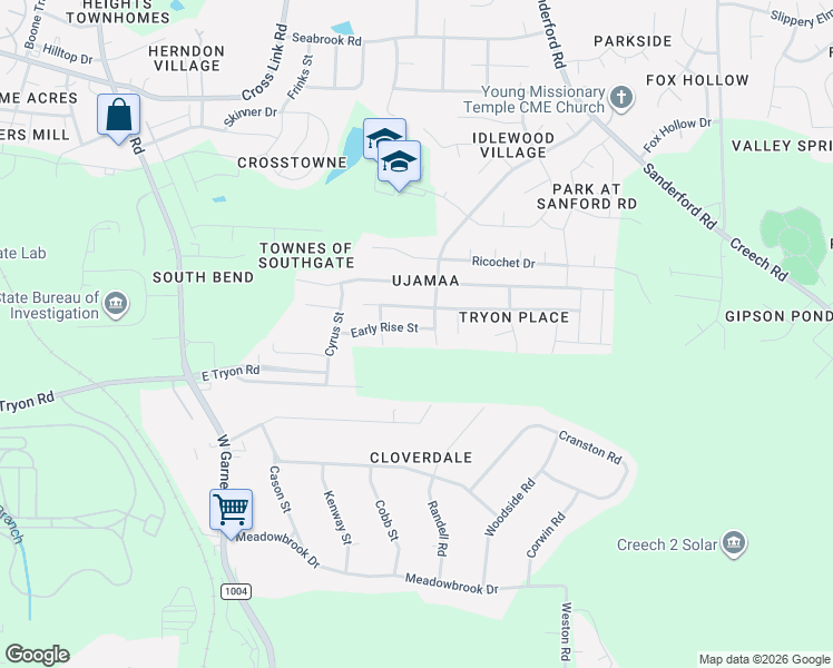 map of restaurants, bars, coffee shops, grocery stores, and more near 1128 Early Rise Street in Raleigh