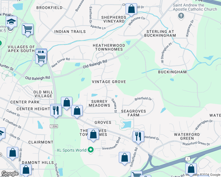 map of restaurants, bars, coffee shops, grocery stores, and more near 1003 Inglenook Place in Apex