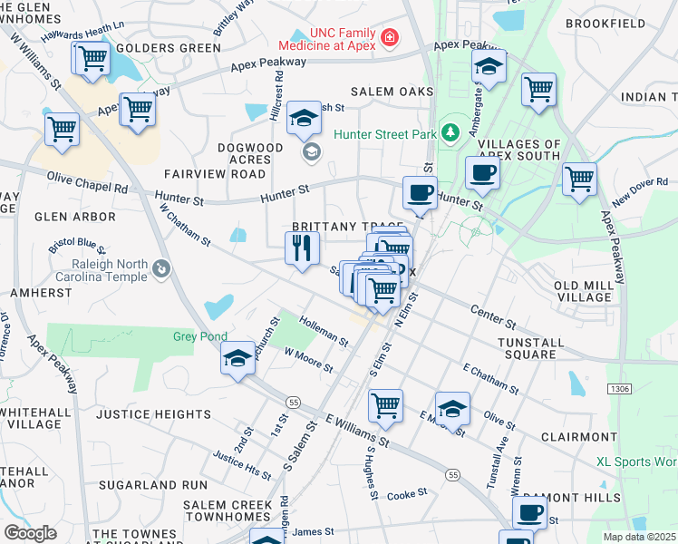 map of restaurants, bars, coffee shops, grocery stores, and more near in Apex