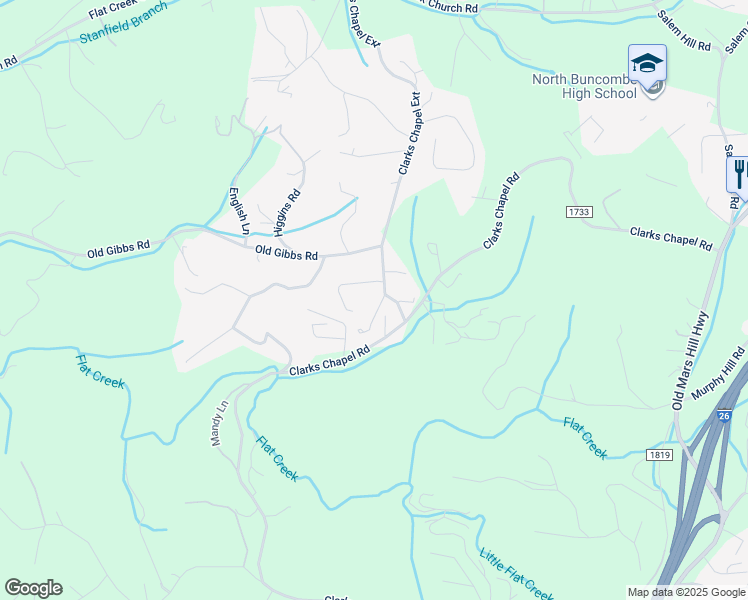 map of restaurants, bars, coffee shops, grocery stores, and more near 5 Pine Ridge Drive in Weaverville