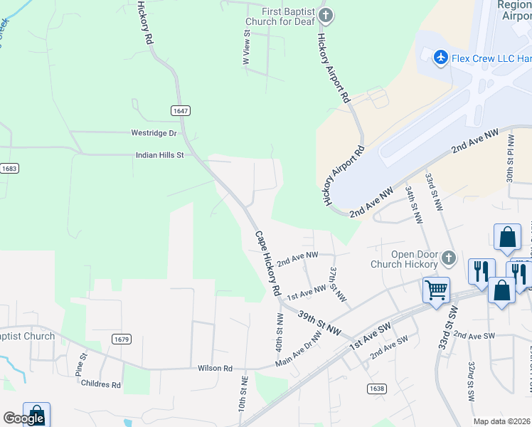 map of restaurants, bars, coffee shops, grocery stores, and more near 100 Pine Meadows Circle in Hickory