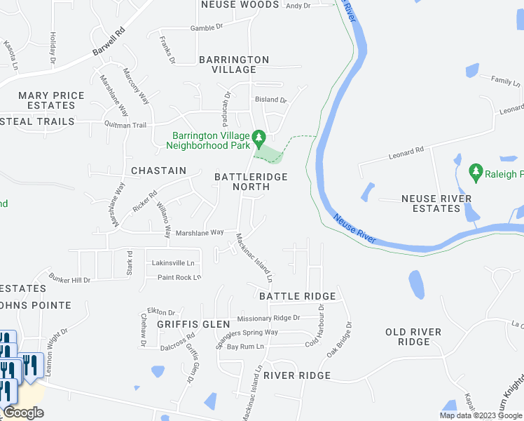 map of restaurants, bars, coffee shops, grocery stores, and more near 3839 Moncacy Court in Raleigh