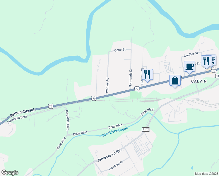 map of restaurants, bars, coffee shops, grocery stores, and more near 201-203 Whitley Road in Morganton