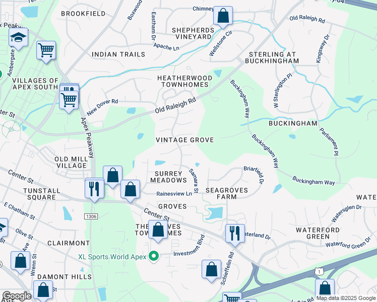 map of restaurants, bars, coffee shops, grocery stores, and more near 1003 Inglenook Place in Apex
