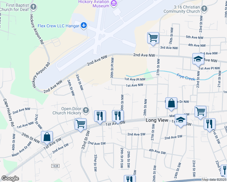 map of restaurants, bars, coffee shops, grocery stores, and more near 83 30th Street Place Northwest in Hickory