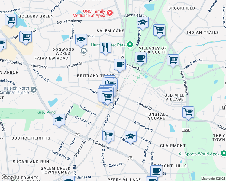 map of restaurants, bars, coffee shops, grocery stores, and more near in Apex