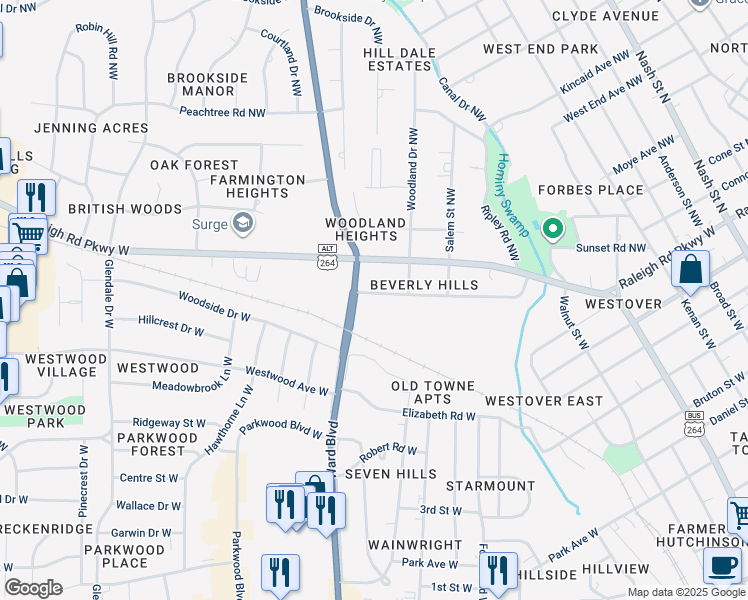 map of restaurants, bars, coffee shops, grocery stores, and more near 809 Trinity Drive West in Wilson