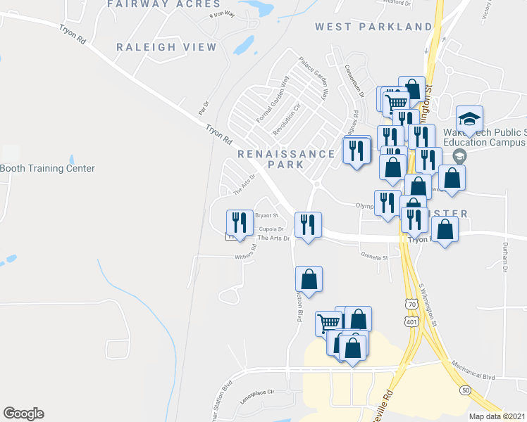 map of restaurants, bars, coffee shops, grocery stores, and more near 713 Bryant Street in Raleigh