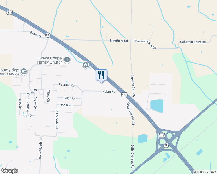 map of restaurants, bars, coffee shops, grocery stores, and more near 557 Robin Road in Bells