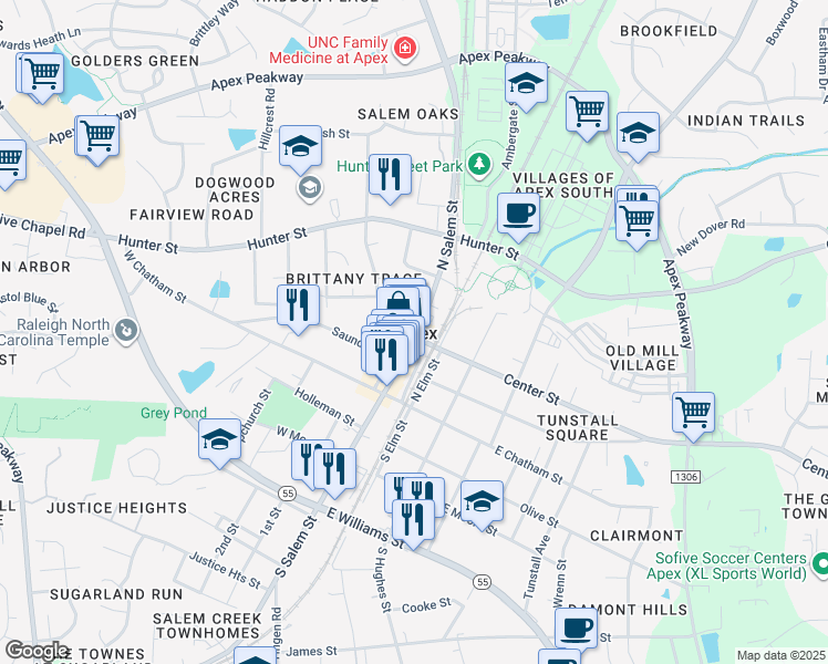 map of restaurants, bars, coffee shops, grocery stores, and more near 237 North Salem Street in Apex
