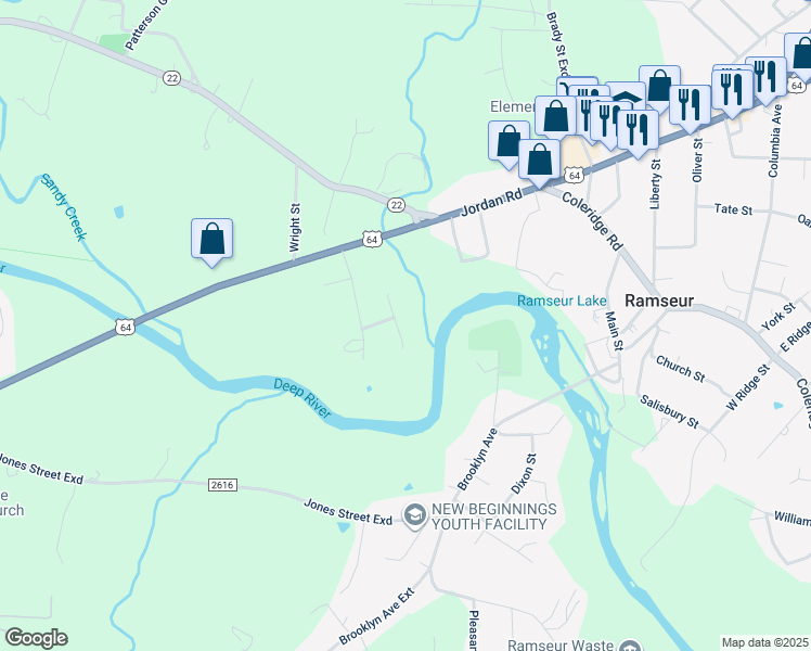 map of restaurants, bars, coffee shops, grocery stores, and more near 203 Mission Heights in Ramseur