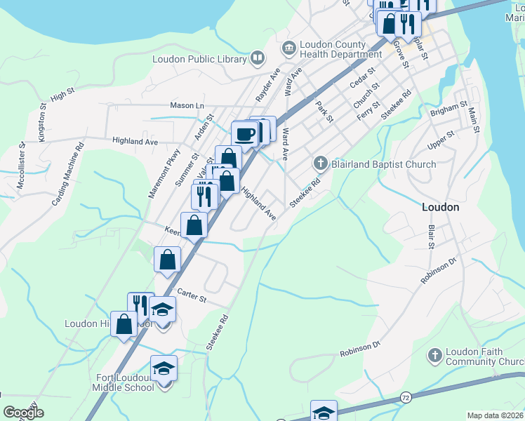 map of restaurants, bars, coffee shops, grocery stores, and more near 900 Valley Vista Drive in Loudon