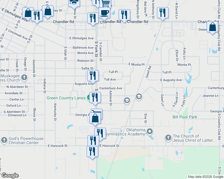 map of restaurants, bars, coffee shops, grocery stores, and more near 2424 Canterbury Avenue in Muskogee