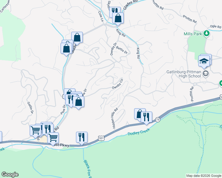 map of restaurants, bars, coffee shops, grocery stores, and more near 358 Ownby Circle in Gatlinburg