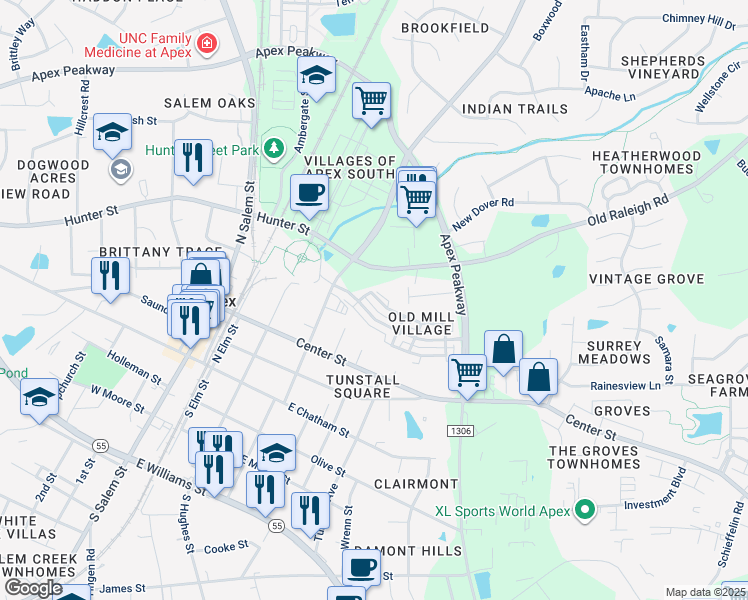map of restaurants, bars, coffee shops, grocery stores, and more near 1000 Old Raleigh Road in Apex