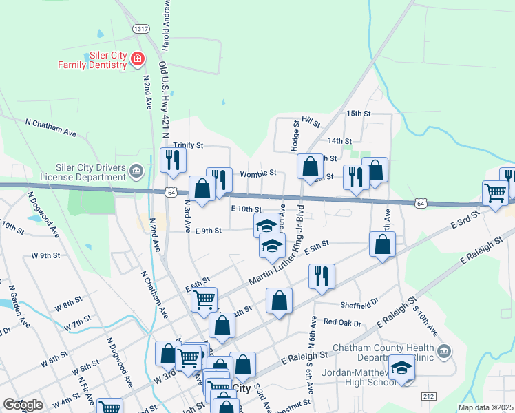 map of restaurants, bars, coffee shops, grocery stores, and more near 415 East 10th Street in Siler City