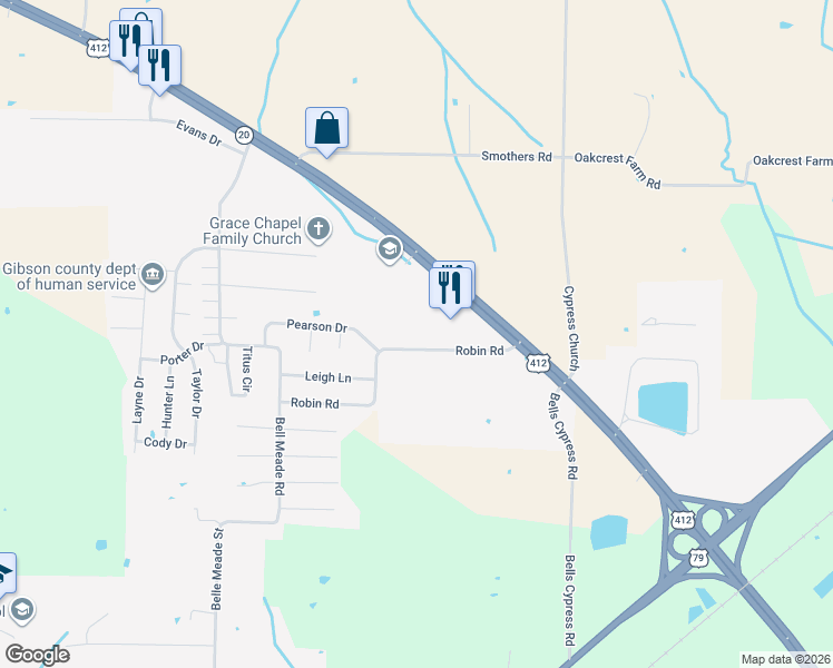 map of restaurants, bars, coffee shops, grocery stores, and more near 557 Robin Road in Bells
