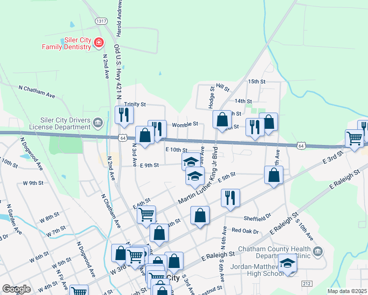 map of restaurants, bars, coffee shops, grocery stores, and more near 415 East 10th Street in Siler City