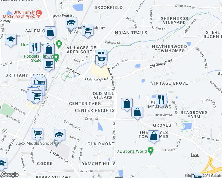 map of restaurants, bars, coffee shops, grocery stores, and more near 524 Mill Hopper Lane in Apex