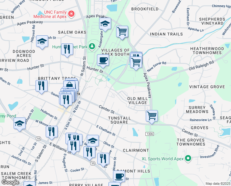 map of restaurants, bars, coffee shops, grocery stores, and more near 607 Old Mill Village Drive in Apex