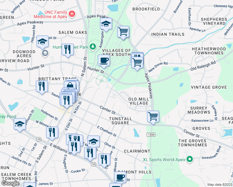 map of restaurants, bars, coffee shops, grocery stores, and more near 607 Old Mill Village Drive in Apex
