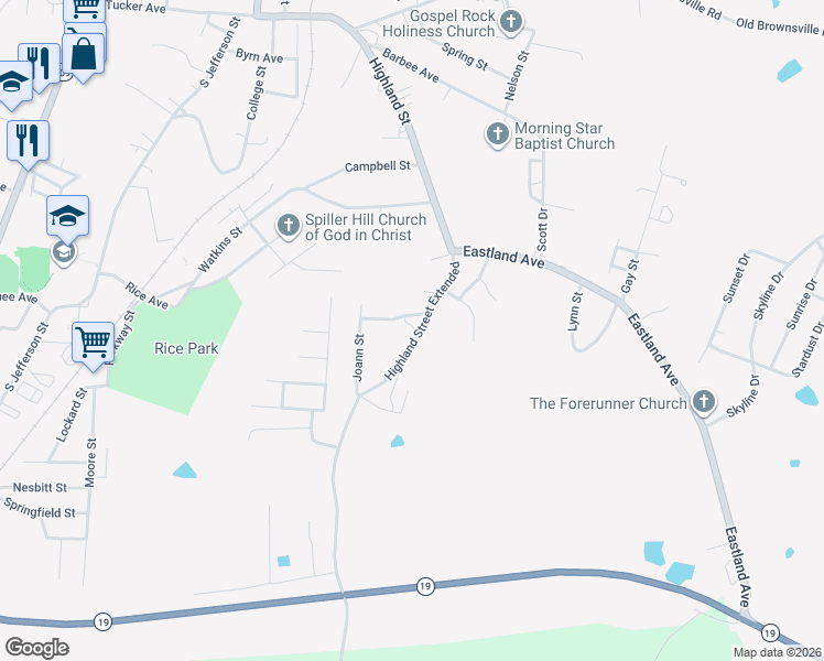 map of restaurants, bars, coffee shops, grocery stores, and more near 278 Highland Street Extended in Ripley