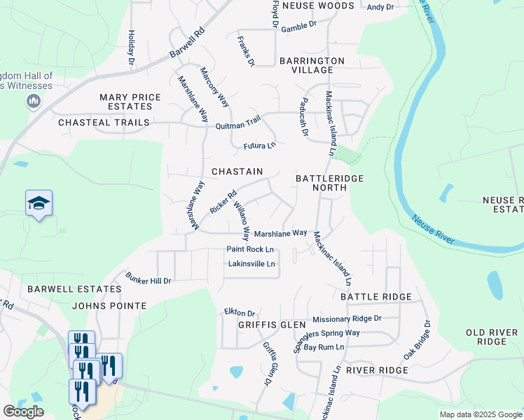 map of restaurants, bars, coffee shops, grocery stores, and more near 3622 Cannold Court in Raleigh