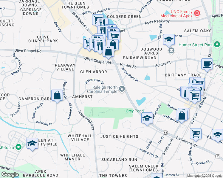 map of restaurants, bars, coffee shops, grocery stores, and more near 602 North Coalport Drive in Apex
