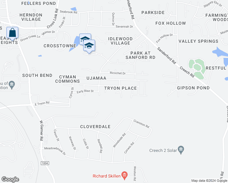 map of restaurants, bars, coffee shops, grocery stores, and more near 1309 Cathedral Rock Court in Raleigh