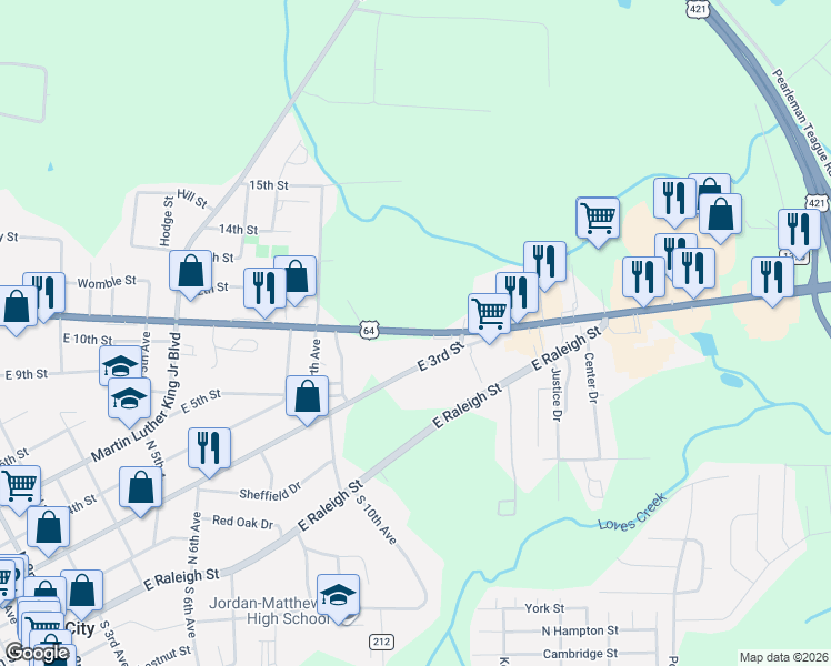 map of restaurants, bars, coffee shops, grocery stores, and more near 1317-1389 East 11th Street in Siler City