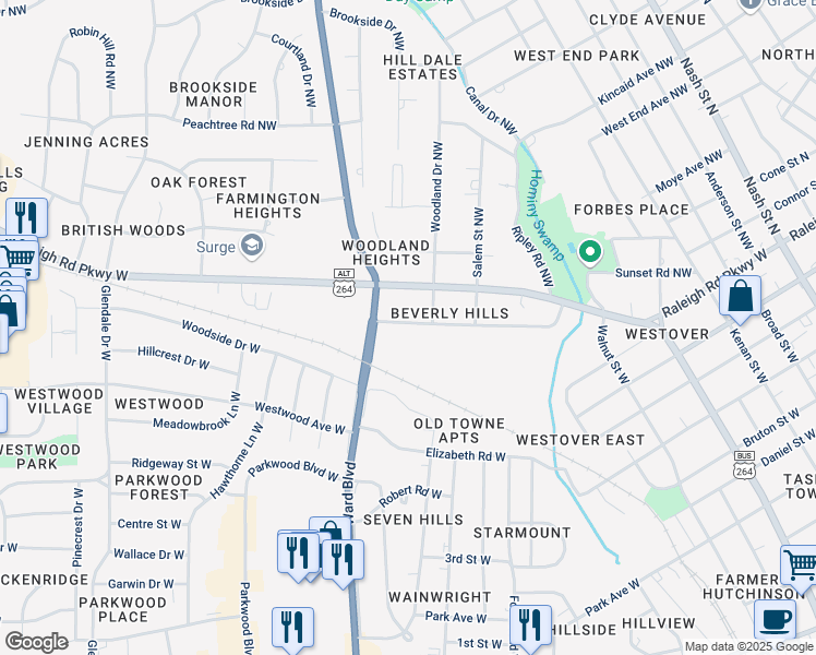 map of restaurants, bars, coffee shops, grocery stores, and more near 809 Trinity Drive West in Wilson