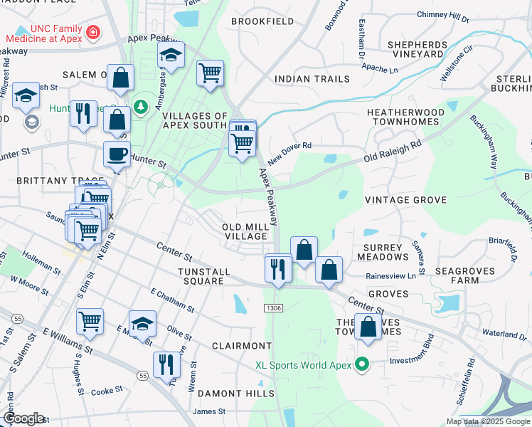 map of restaurants, bars, coffee shops, grocery stores, and more near 524 Mill Hopper Lane in Apex