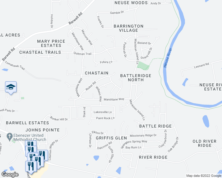 map of restaurants, bars, coffee shops, grocery stores, and more near 6021 Namozine Court in Raleigh