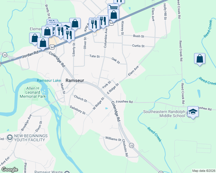 map of restaurants, bars, coffee shops, grocery stores, and more near 491 York Street in Ramseur