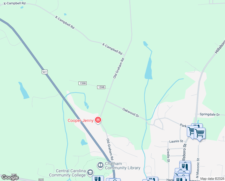 map of restaurants, bars, coffee shops, grocery stores, and more near 840 Old Graham Road in Pittsboro