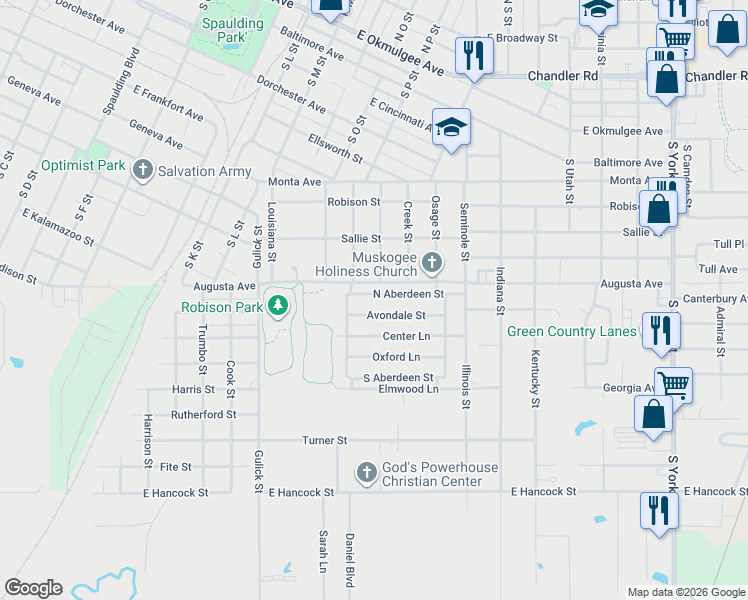 map of restaurants, bars, coffee shops, grocery stores, and more near 1622 North Aberdeen Street in Muskogee