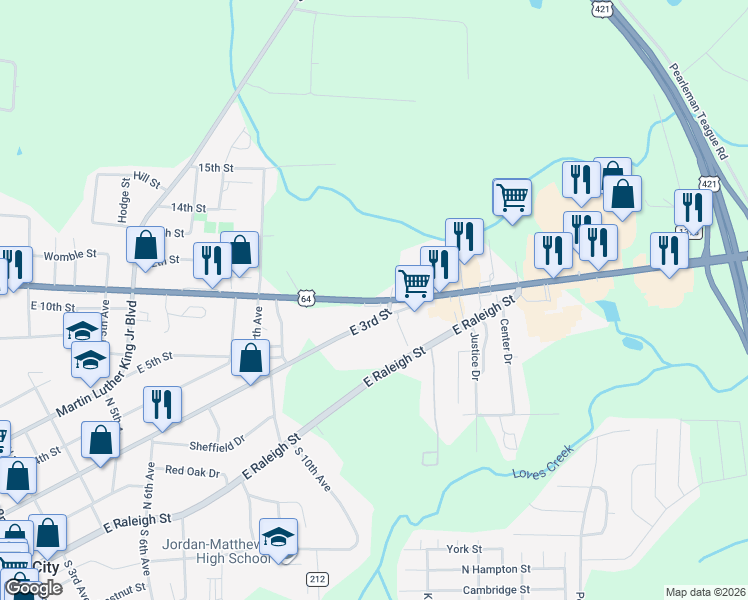 map of restaurants, bars, coffee shops, grocery stores, and more near 1389 East 11th Street in Siler City